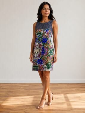 Truworths Sheath Dress Womens M Floral Multicolor Sleeveless Career Midi Zip